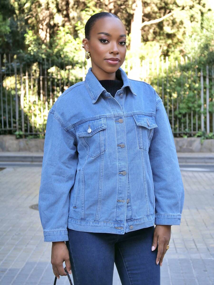 Yess Loren 女用寬鬆長袖帶蓋口袋牛仔夾克