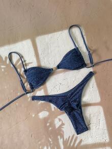 Swim Chiccia Women's Casual Vacation Navy Blue Special Fabric Bikini Two Pieces Swimsuit - Navy Blue - View 1