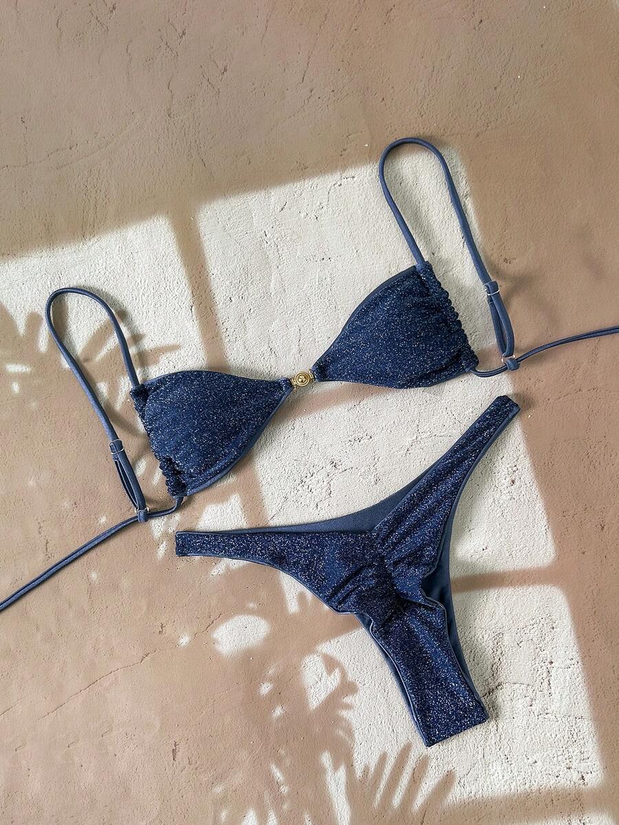 Swim Chiccia Women's Casual Vacation Navy Blue Special Fabric Bikini Two Pieces Swimsuit - Navy Blue - View 1