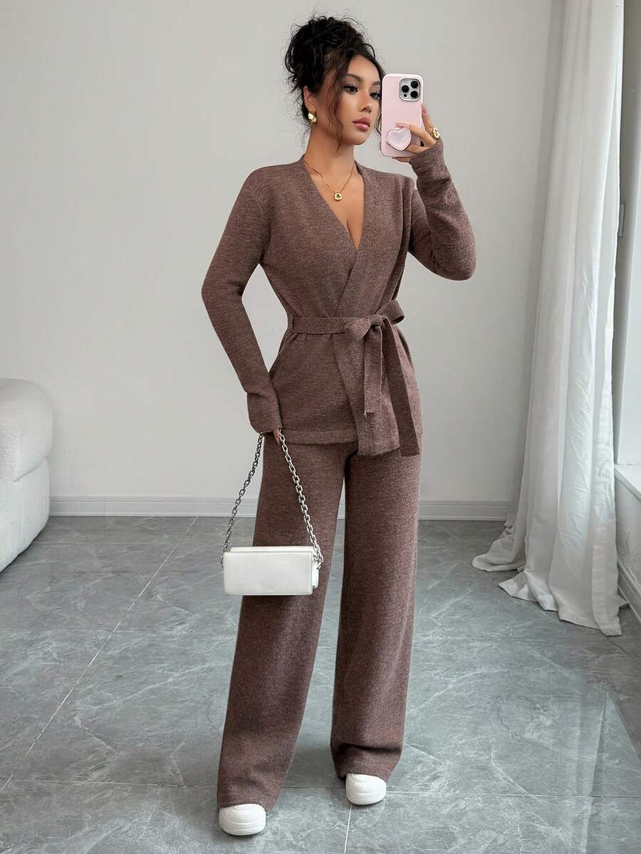 Selianne 2pcs Women V-Neck Waist Tie Long Sleeve Cardigan + Straight Leg Pants Knit Sweater Set, Autumn/Winter - Mocha Brown - View 1