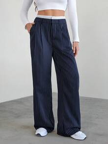 SHEIN Tall Quần ống rộng kẻ sọc xếp ly có cạp chun phối màu cho nữ mùa thu/đông - Màu xanh hải quân - Xem 5