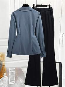 Franclia بدلة نسائية مكونة من قميص ذو ياقة متقاطعة وحواف ملونة وبنطال ذو ساق واسعة، مناسبة للعمل والكاجوال، للربيع والخريف - متعدد الألوان - مشاهدة 2