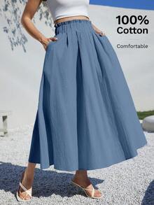 Siren Gaze 夏季女士服装休闲 A 字形亚麻中长裙，适合夏季海滩高腰宽松 - 藍色 - 查看 6