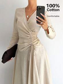 Siren Gaze 女式纯棉和亚麻褶皱腰不对称下摆长袖连衣裙 - 杏色 - 查看 5