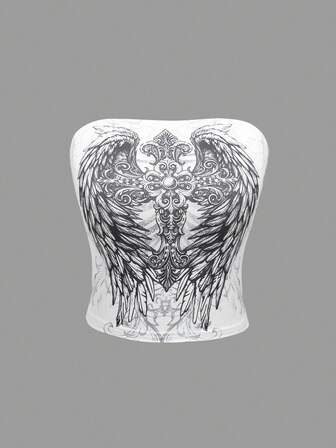 Y2K Gothic Cross And Wing Printed Women's Bustier Top