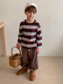 DAZY Young Boy Striped Round Neck Dropped Shoulder Long Sleeve Casual Loose T-Shirt Spring - Brown - View 6
