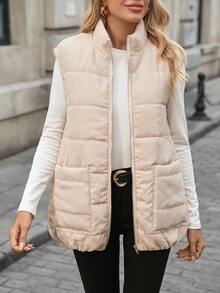 SHEIN LUNE Sleeveless Zip-Up Pocket Loose Casual Padded Coat For Women - Apricot - View 5