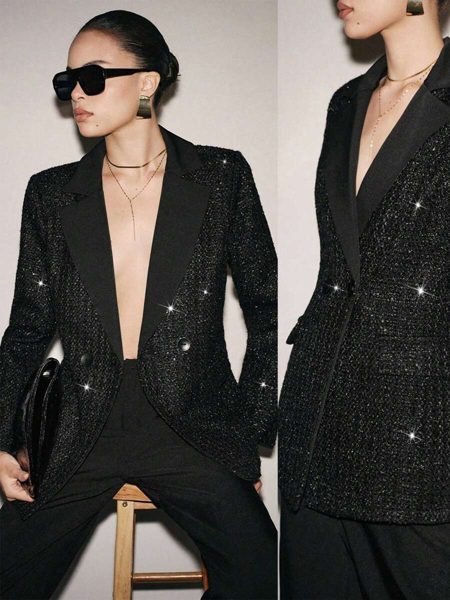 SHEIN ChicEase 女士优雅亮片装饰西装外套,适合节日派对、约会及其他场合,秋冬季穿着 - 黑色 - 查看 1