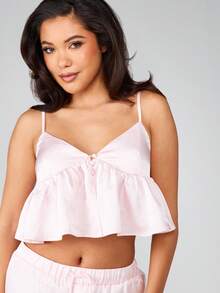 MISSGUIDED Cute Cami Ruffle Two Piece Pajama Set With Wide Leg Palazzo Pants And Off Shoulder Sweetheart Neckline For Sleep Lounge - Baby Pink - View 5