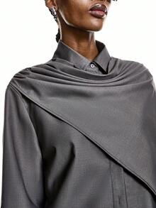 LYSMO Chemise ample à manches longues, col simple et plissée, couleur unie pour femmes - Kaki - Voir 8