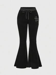 ROMWE Grunge Punk Dark Cross Wing Angel Sexy Goth Velvet Vintage Women Hoodie And Pants 2 Pieces Set - Black - View 7