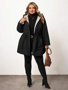 Enliva 大码女式防水长袖抓绒外套，秋冬季，适合苹果型圆臀身材 - 黑色 - 查看 8