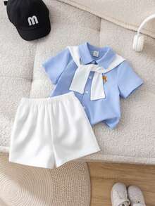 4pcs Baby Boy Blue Summer Elegant Vacation Holiday Gentleman Outfit,Striped Short Sleeve Shirt,Elastic Waist Shorts,Shawl&Belt For Birthday,Wedding - Multicolor - View 4