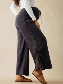 Boho Mama Maternity Pants For Women,Solid Color Plain Grey Drawstring Waist Wide Leg Flowy Casual Pants,Lounge Autumn Capri Pants With Pockets - Black - View 8