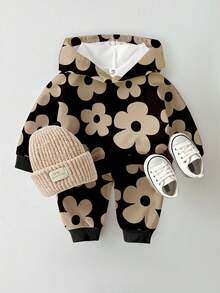 1 Set Baby Girls Casual Chic Sweet Floral Print Hoodie Sweatshirt And Sweatpants Set, Suitable For Outings, Sports And Leisure Wear, Autumn/Winter - Black - View 1