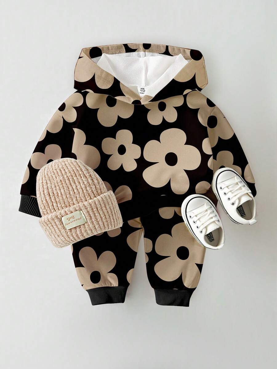 1 Set Baby Girls Casual Chic Sweet Floral Print Hoodie Sweatshirt And Sweatpants Set, Suitable For Outings, Sports And Leisure Wear, Autumn/Winter - Black - View 1
