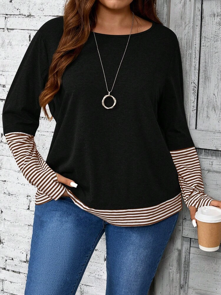 Plus Size Women Solid Colored Stripe Patchwork Crew Neck Loose Casual Long Sleeve T-Shirt,Fall Women Clothes/Summer/Spring/Vacation