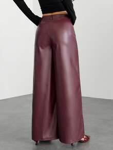 SHEIN PETITE Women's Burgundy Red Leather Women Pants Plain Front-Button Minimalist Casual Pants, Daily Wear,Women Bottoms - Burgundy - View 2