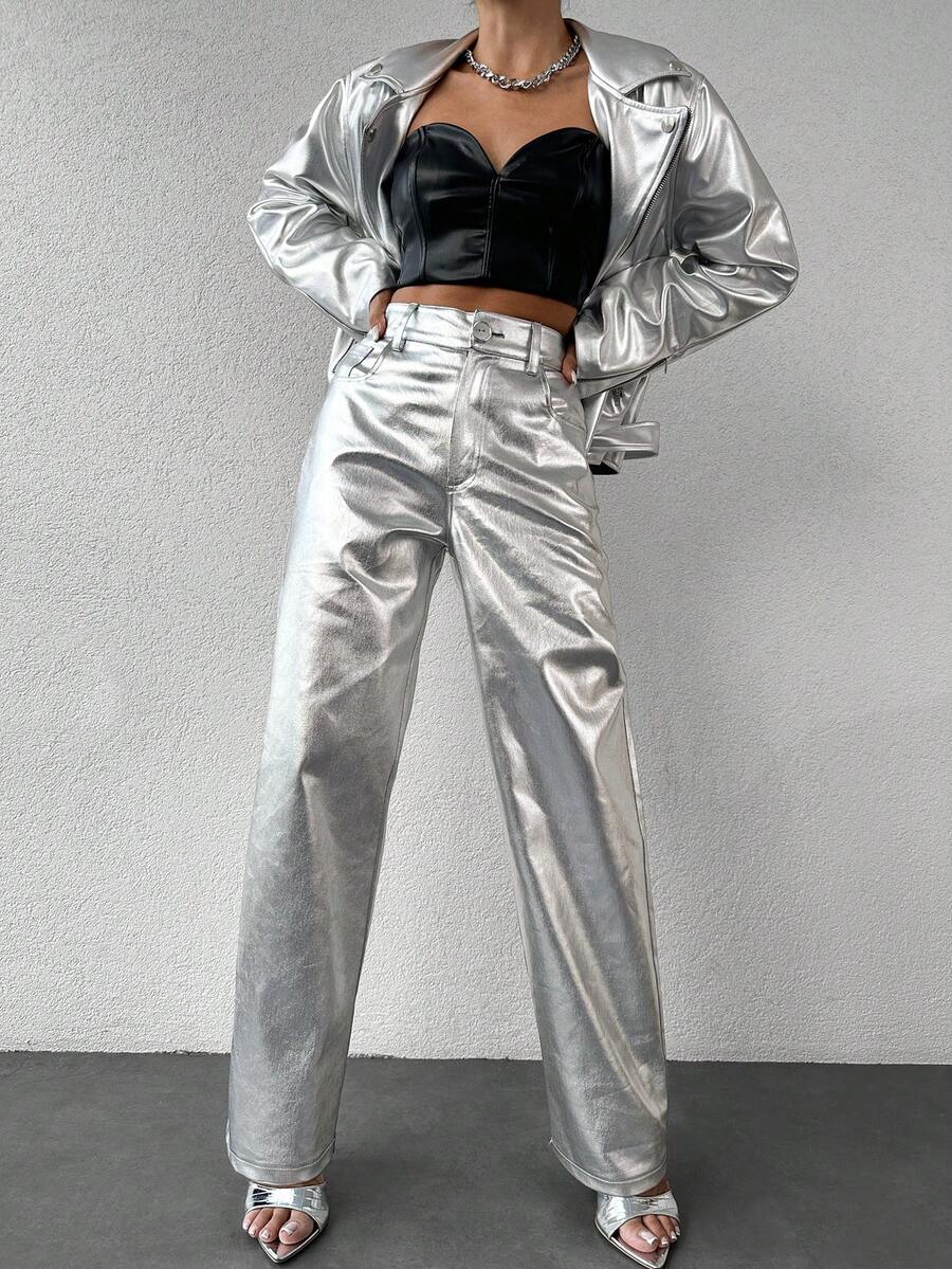 EURMUSE Fashionable Silver Tone Holographic Long Pants - Silver - View 1