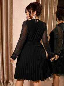 Cravure Plus Size Women's High-End Round Neck Ruffle Hem Pleated Waist Vintage Luxurious Elegant Party Dress Black Elegant Dress Plus Size Cocktail Dress Long Sleeve Elegant Dress Plus Size Elegant Dress - Black - View 2