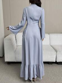 Al Najma Váy buộc chéo cổ khoét sâu thanh lịch bằng vải jacquard dành cho nữ, mùa thu - Màu xanh lam - Xem 2