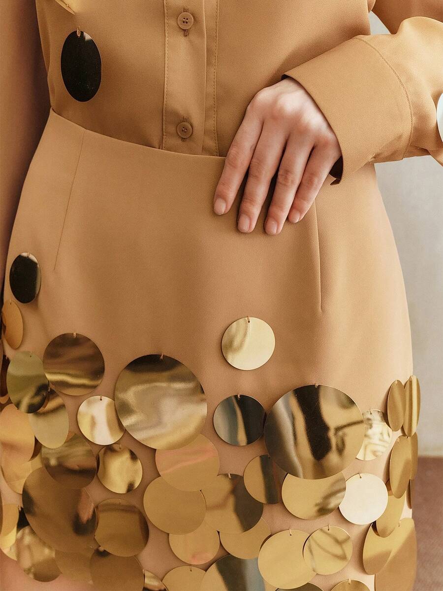 Anewsta Women's Handmade Sequin Embellished Versatile A-Line Mini Skirt, Spring/Summer - Camel - View 1