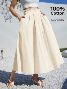 Siren Gaze 夏季女士服装休闲 A 字形亚麻中长裙，适合夏季海滩高腰宽松 - 米色 - 查看 6