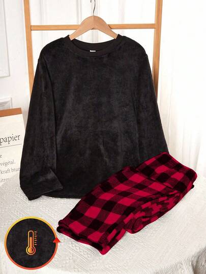 2件套青少年男童休闲格子印花长袖上衣和裤子家居服套装