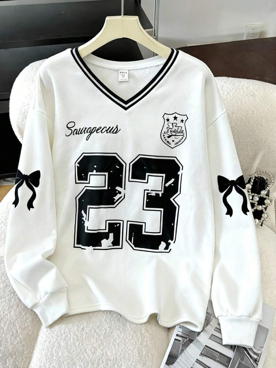 SHEIN 少女宽松休闲罗纹领英文数字印花卫衣 - 黑與白 - 查看 1