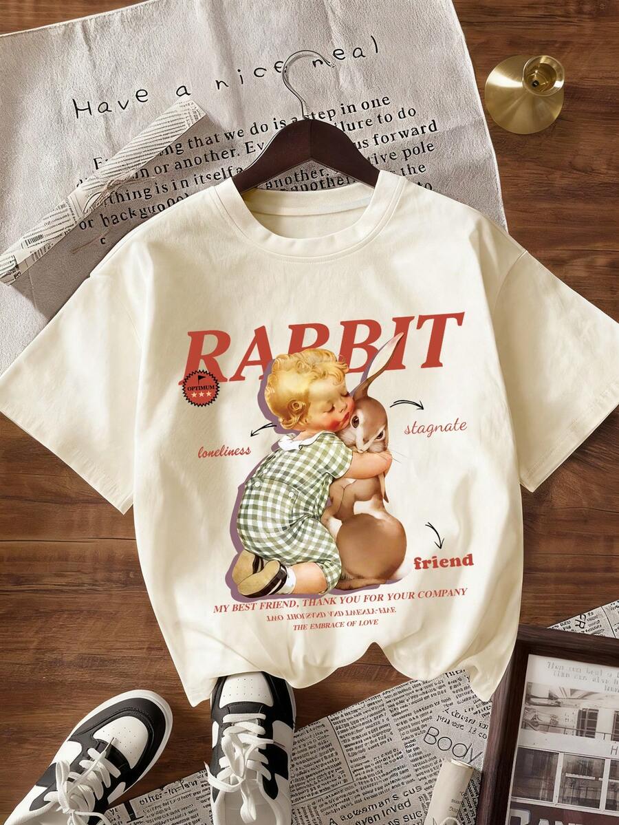 Manfinity Dauomo Men's Casual Letter & Rabbit Print Round Neck Short Sleeve T-Shirt, Summer - Khaki - View 1