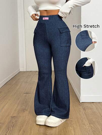 SHEIN PETITE Vinter Fyra Säsong Dam Marinblå Tvättade Högstretchiga Funktionella Fickdesign Fyra Säsongs Mellanhöga Utsvängda Jeans