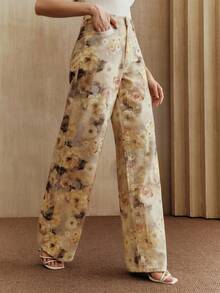 Anewsta Women's Romantic Floral Print Beige Denim Barrel Leg Jeans, Spring/Summer - Multicolor - View 4