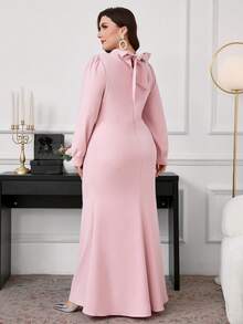 Modelyn Elegant Pink Plus Size Maxi Dress With Stand Collar And Puff Sleeves Embellished With Floral Applique For Women Fall - Pink - View 3
