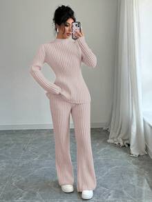 SHEIN PETITE 女款灰粉色秋季兩件式針織毛衣套裝，休閒居家優雅專業辦公通勤穿搭，百搭斯德哥爾摩風外出上衣，適合嬌小女性 - 淺粉色 - 查看 5