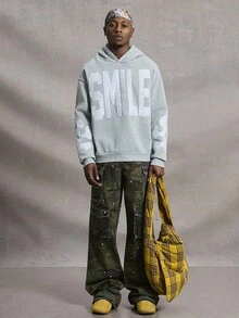 PAVTROS 男士加大码笑脸图案刺绣连帽衫，灰色 - 灰色 - 查看 3