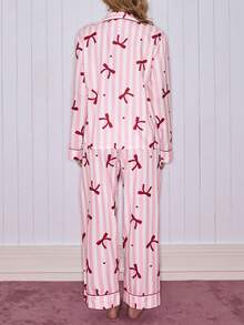 SweetSlumber Sweet Striped Bow Bubble Crinkle Women Pajama Set Striped Pajamas Pink Pajamas Bow Pajamas - Multicolor - View 2