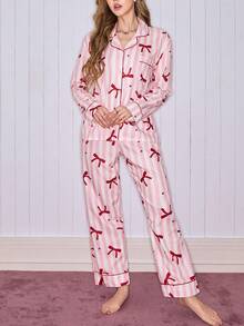 SweetSlumber Sweet Striped Bow Bubble Crinkle Women Pajama Set Striped Pajamas Pink Pajamas Bow Pajamas - Multicolor - View 4