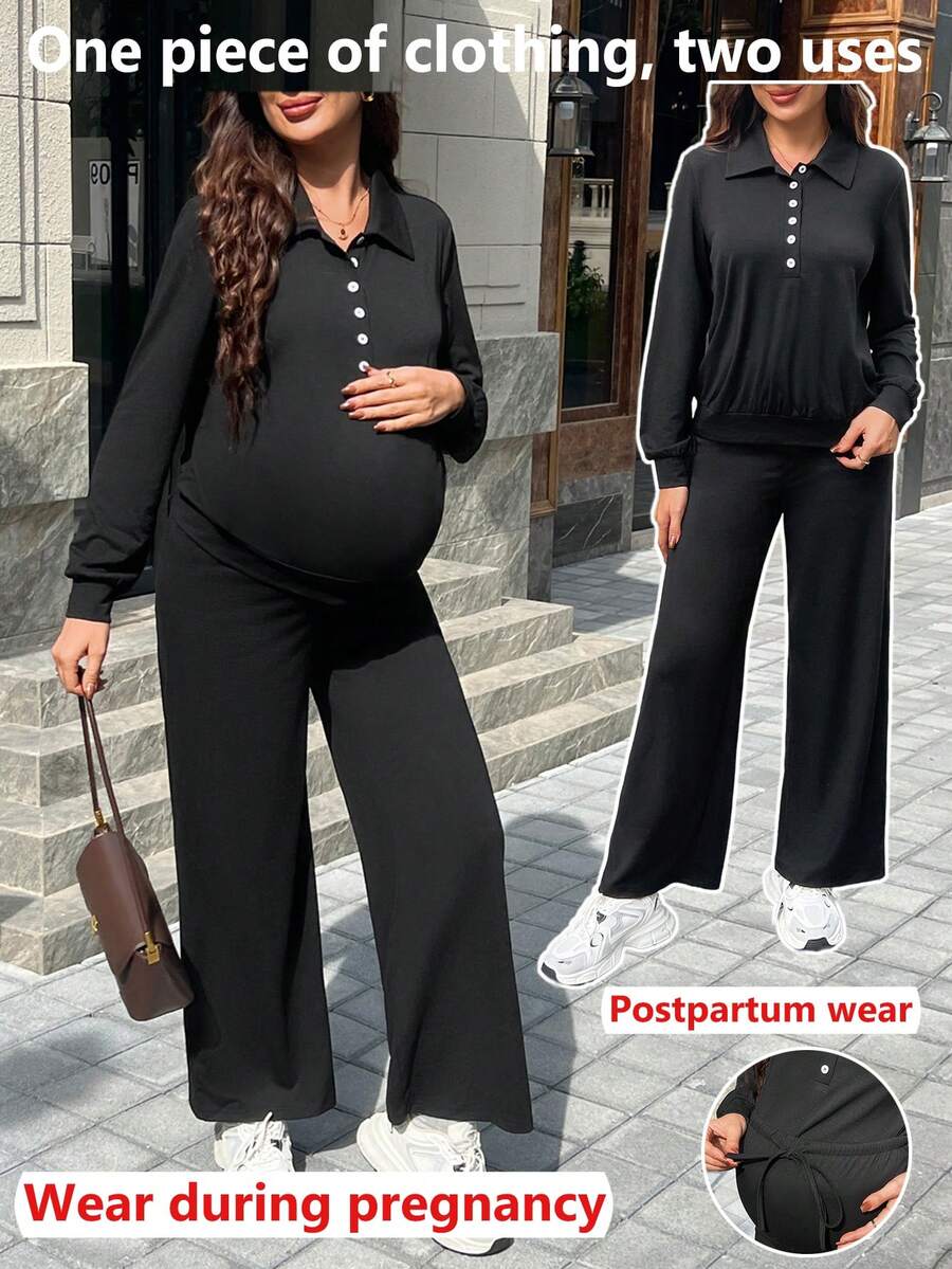 SHEIN Ensemble de pantalon ample et doux et Top à manches longues pour femmes enceintes - Noir - Voir 1