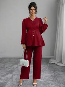 Momance Bộ đồ bầu 2 món: Áo khoác cardigan tay dài xếp ly cài nút phía trước, thiết kế xếp ly eo; Quần bầu dáng rộng - Màu Đỏ Sâu - Xem 6