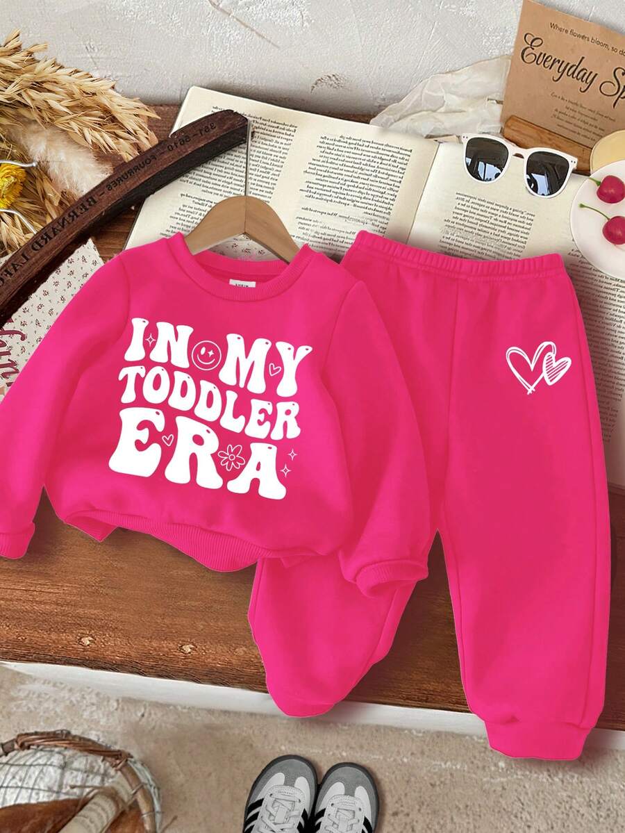 SHEIN ModeFlare Wear 女婴针织柔软套头连帽衫套装,加厚款,适合秋冬季 - 玫紅色 - 查看 1