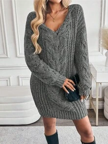 EMERY ROSE New V-Neck Cardigan For Women, European And American Style, Chunky Knit, Versatile, Minimalist Fashion Knit Top/Dress - Grey - View 5