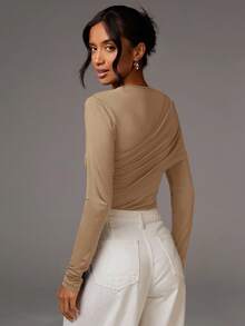 Athîral Women's Fashion Solid Color Round Neck Long Sleeve Bodysuit, Khaki Top, Twist Front Top, Tan Tops Women, Ruched Top - Camel - View 2