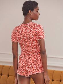 lacRébo 红色碎花针织套装 - 裹身露脐上衣搭配同款短裤，柔软舒适 - 紅色 - 查看 2