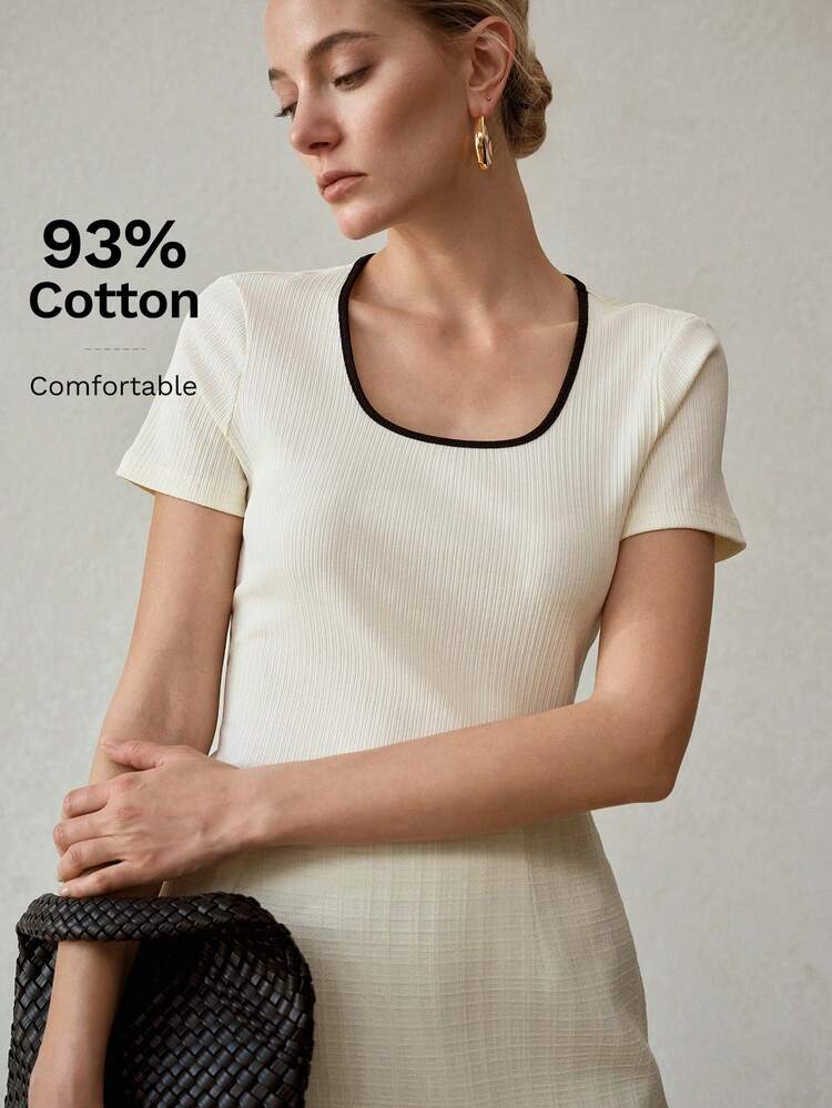 SIMPLE CONTRAST TRIM RIBBED TEE,SUMMER OUTFITS
