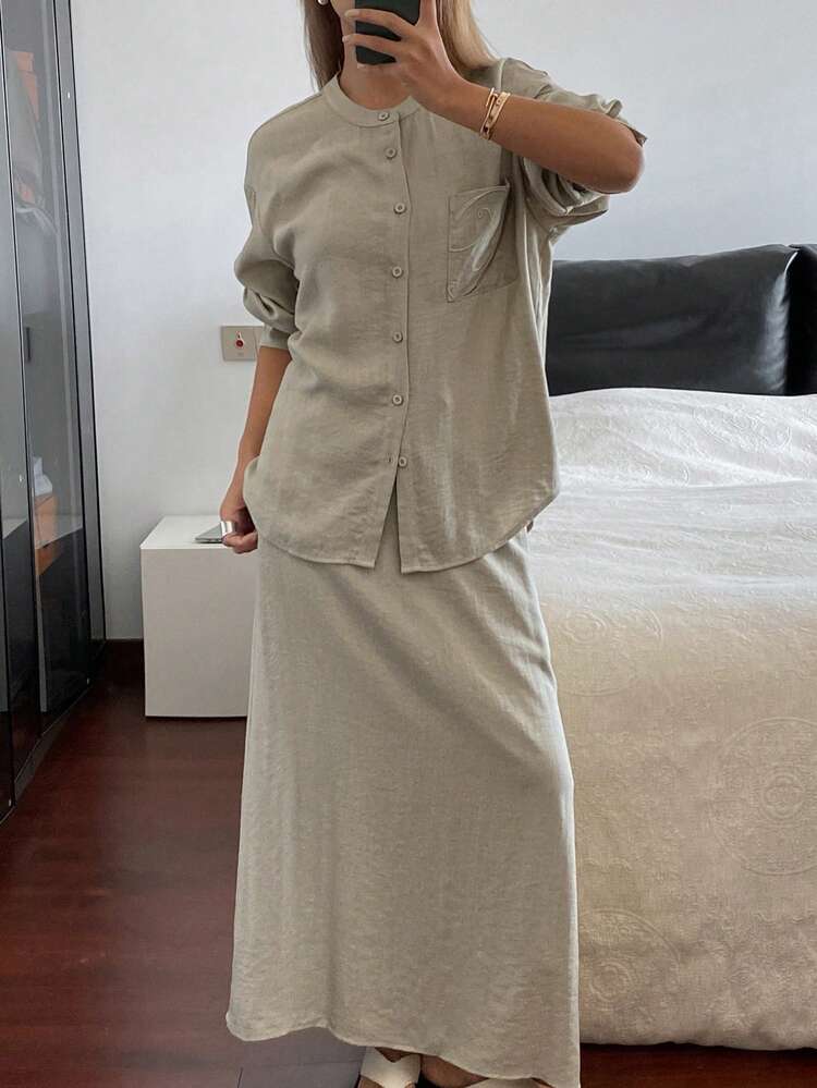 Women's Fashion Daily Single-Breasted Shirt & Skirt 2 Pieces Set