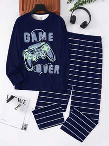 男童宽松长款休闲睡衣，经典游戏手柄图案印花 - 彩色 - 查看 1
