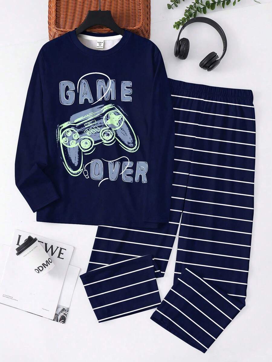 男童宽松长款休闲睡衣，经典游戏手柄图案印花 - 彩色 - 查看 1