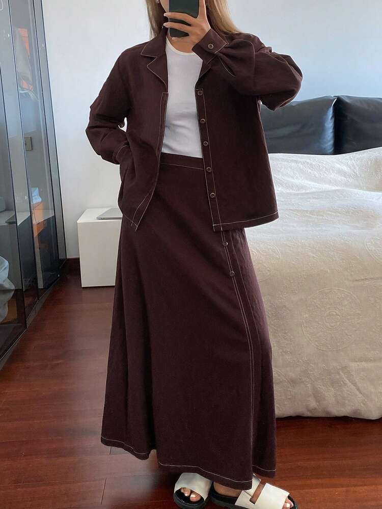 Women's Casual Commuter Shirt And Skirt 2 Pieces Set, Autumn