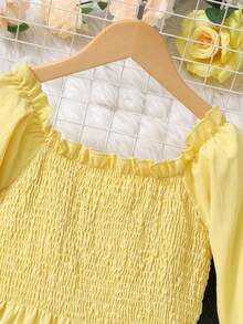 SHEIN Váy midi kiểu Pháp ngọt ngào cổ vuông tay bồng màu trơn nhún bèo nhún eo cho bé gái tuổi mới lớn - Màu vàng - Xem 4