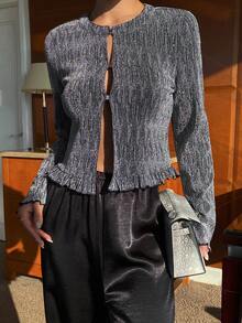 Livesso Élégante blouse avec bordure en dentelle noire brillante, convenant pour le Nouvel An, Noël, mariage, fête, occasions formelles. Cardigan chemise à lacets pour femmes, manches longues pour l'automne/hiver - Gris foncé - Voir 1